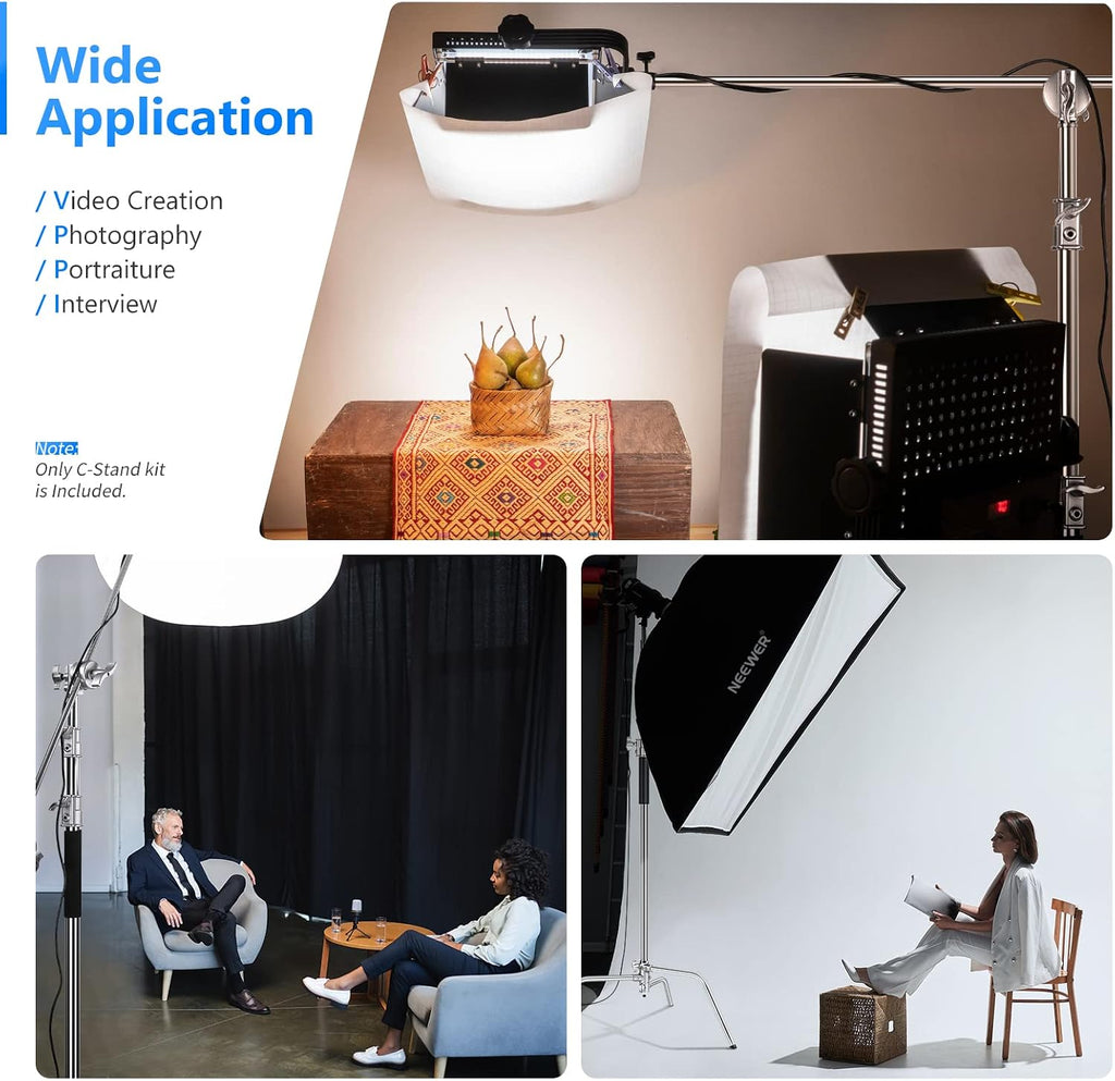 NEEWER Pro 100% Stainless Steel Heavy Duty C Stand with Boom Arm, Max Height 10.5ft/320cm Photography Light Stand with 4.2ft/128cm Holding Arm, 2 Grip Head for Studio Monolight, Softbox, Reflector