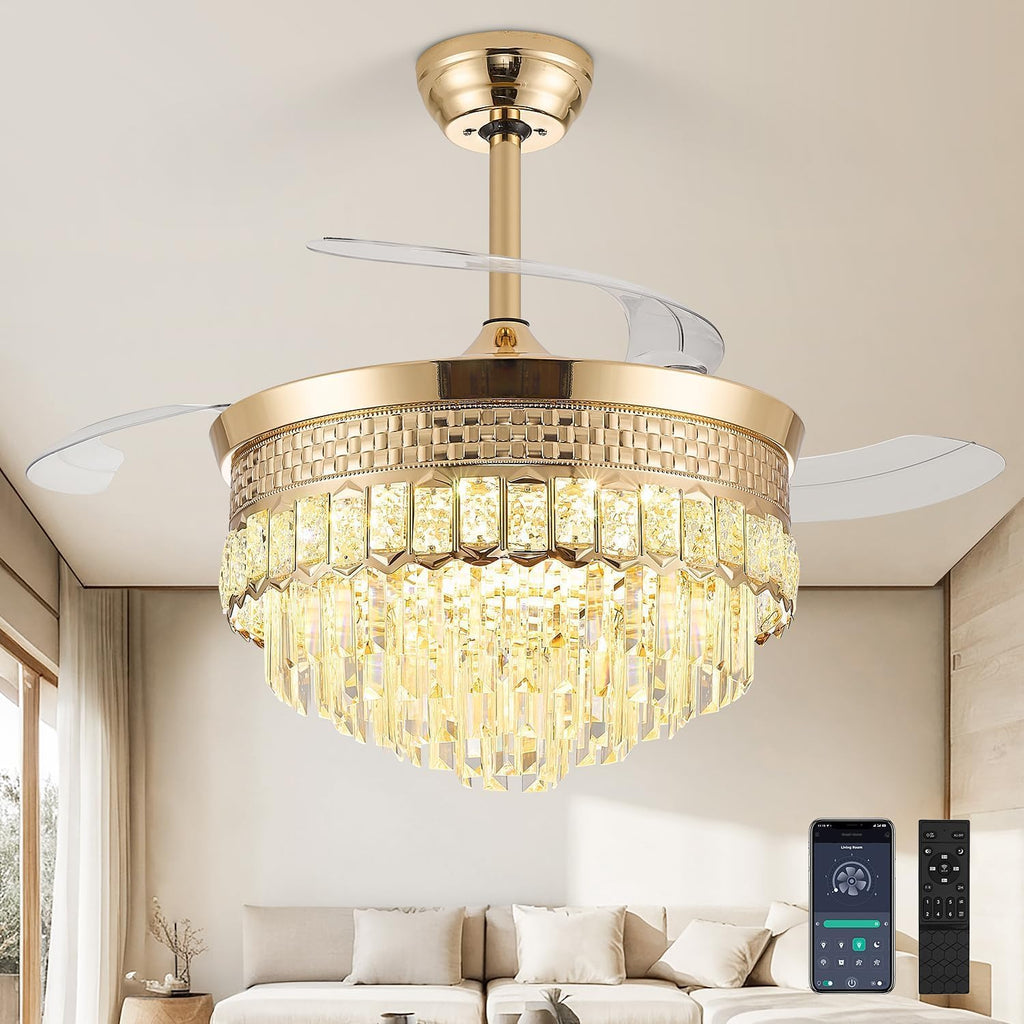 42' Fandelier Ceiling Fan with Light, Chandelier Ceiling Fans with Lights,Retractable Crystal Ceiling Fan for Bedroom Living Room,6 Wind Speed,3 Color Tempeature-Gold