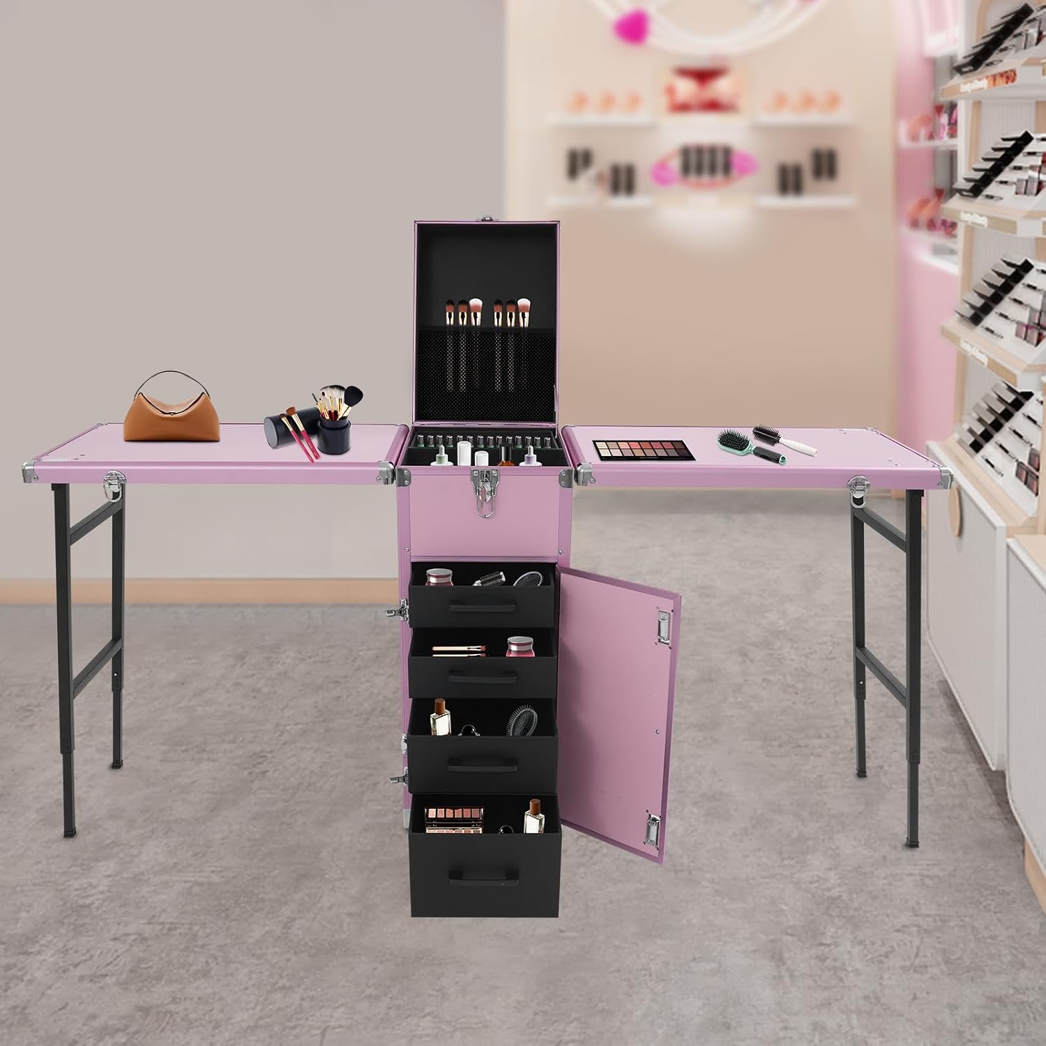 Professional Rolling Makeup Case, Foldable Nail Tables with Wheel, Travel Cosmetic Trolley Storage Organizer with Drawers, Manicure for Artist