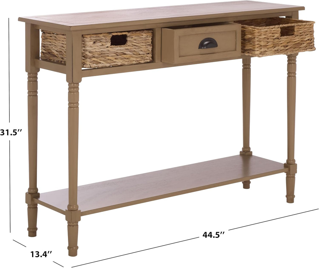SAFAVIEH Home Collection - Christa Entryway Console Table, Desert Brown Solid Wood 3-Drawer Storage Sofa Table with Rattan Baskets (AMH5737L)