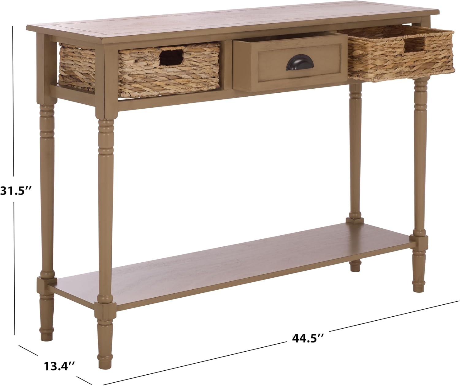 SAFAVIEH Home Collection - Christa Entryway Console Table, Desert Brown Solid Wood 3-Drawer Storage Sofa Table with Rattan Baskets (AMH5737L)