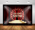 BELECO 20x10ft Fabric Talent Show Backdrop Red Stage Curtain with Spotlight Gold Stage Background Drama Play Talk Show Music Party Decorations Banner Photo Props