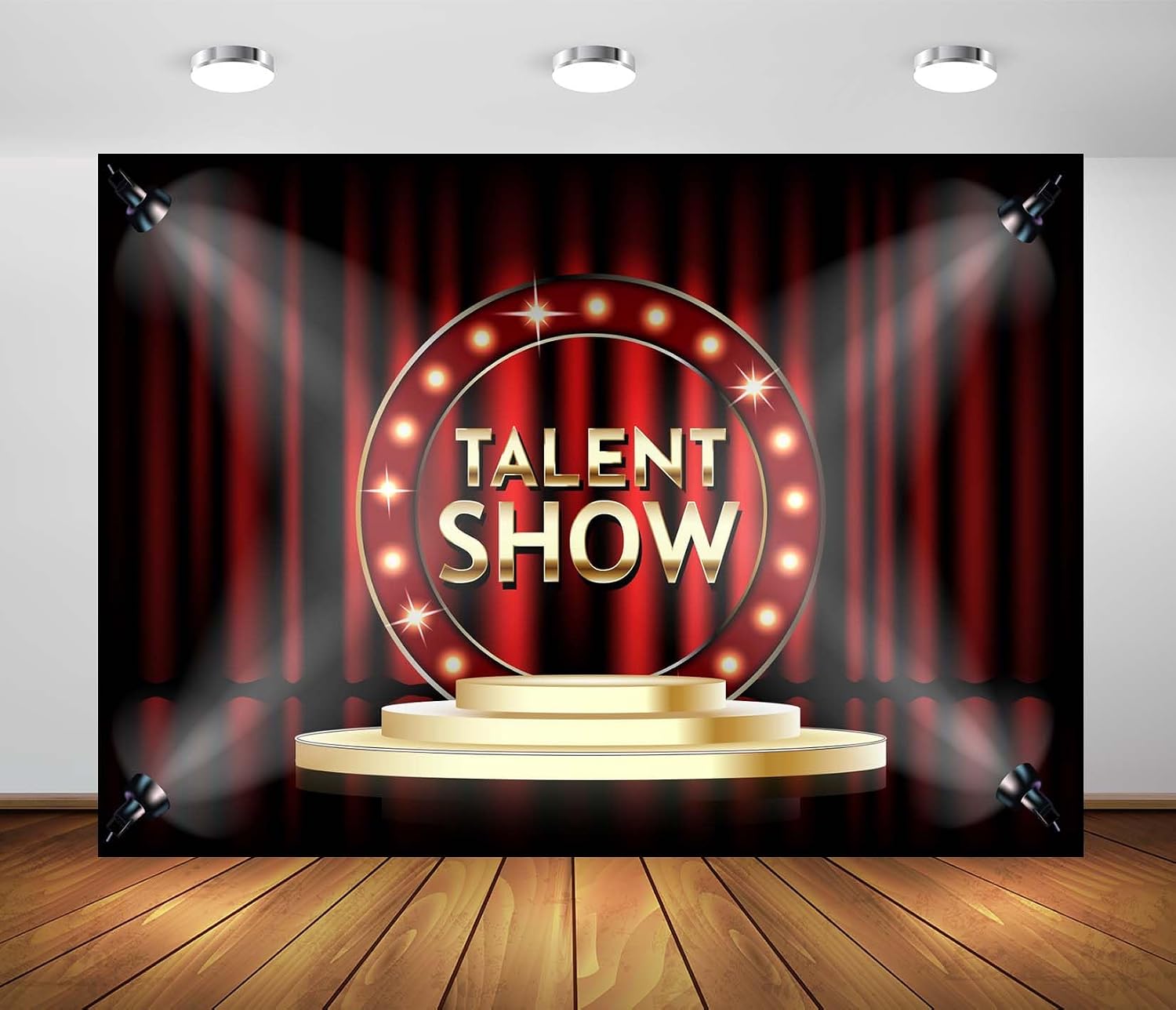 BELECO 20x10ft Fabric Talent Show Backdrop Red Stage Curtain with Spotlight Gold Stage Background Drama Play Talk Show Music Party Decorations Banner Photo Props