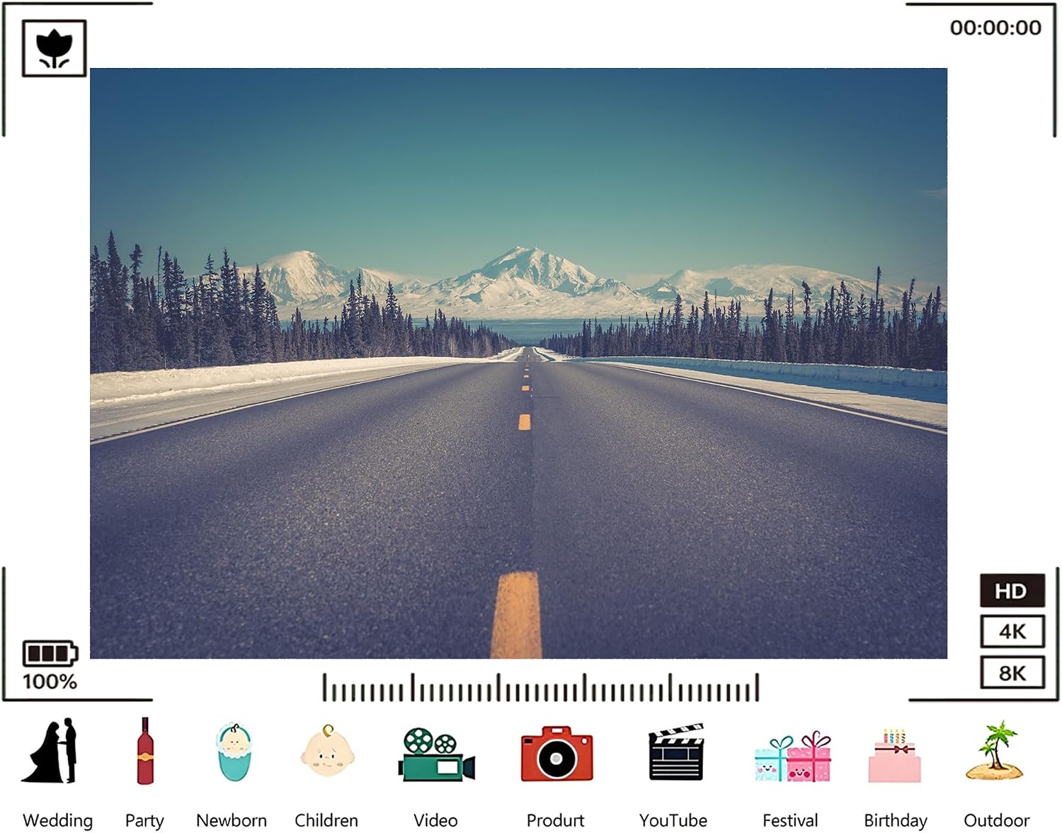 Trykid 20x10ft Long Road Backdrop Snow Capped Mountains Dense Evergreens Clear Sky Straight Highway Serene Landscape Photography Background Nature Party Decoration Photo Booth Prop Fabric