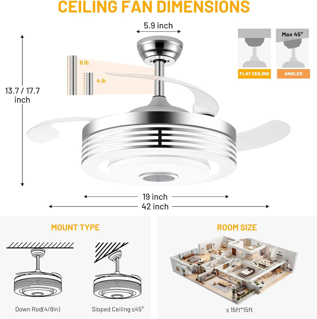 42' Modern RGB Ceiling Fan with Lights and Bluetooth Music Speaker,Color Change Motor Retractable Fandelier Ceiling Fan with Light and APP/Remote,6 Speed Silent Chandelier Fan for Bedroom Living Room