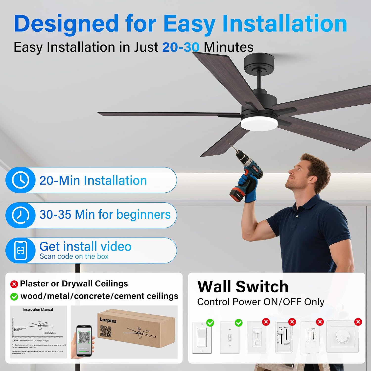 Lorpies 52' Smart Ceiling Fan with Lights Remote,Ultra Silent DC Motor,Control via Alexa Google Voice App Wifi,Outdoor Indoor Modern Ceiling Fans for Bedroom Patio Porch,Dimmable,Black Walnut Brown