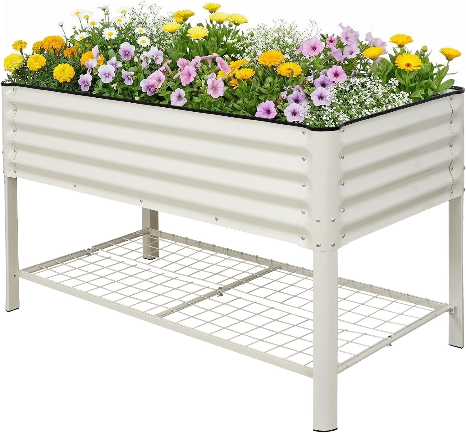 Elevated Raised Garden Bed with Legs - 48''x24''x32'' Galvanized Metal Standing Planter Boxes Outdoor with Bottom Storage Shelf for Backyard, Patio, Balcony, Vegetables, Flowers, White