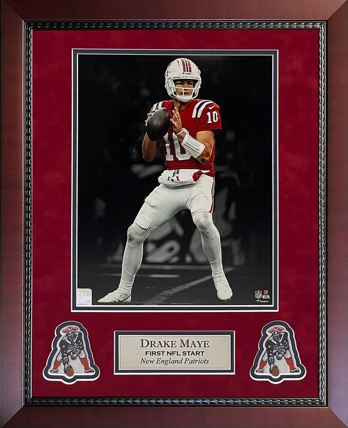 New England Picture Drake Maye Photo First NFL Start Spotlight 16x20 Drake Maye Spotlight Photograph - First Starting NFL Game As New England Patriots Quarterback - 18x22 Cherry Frame
