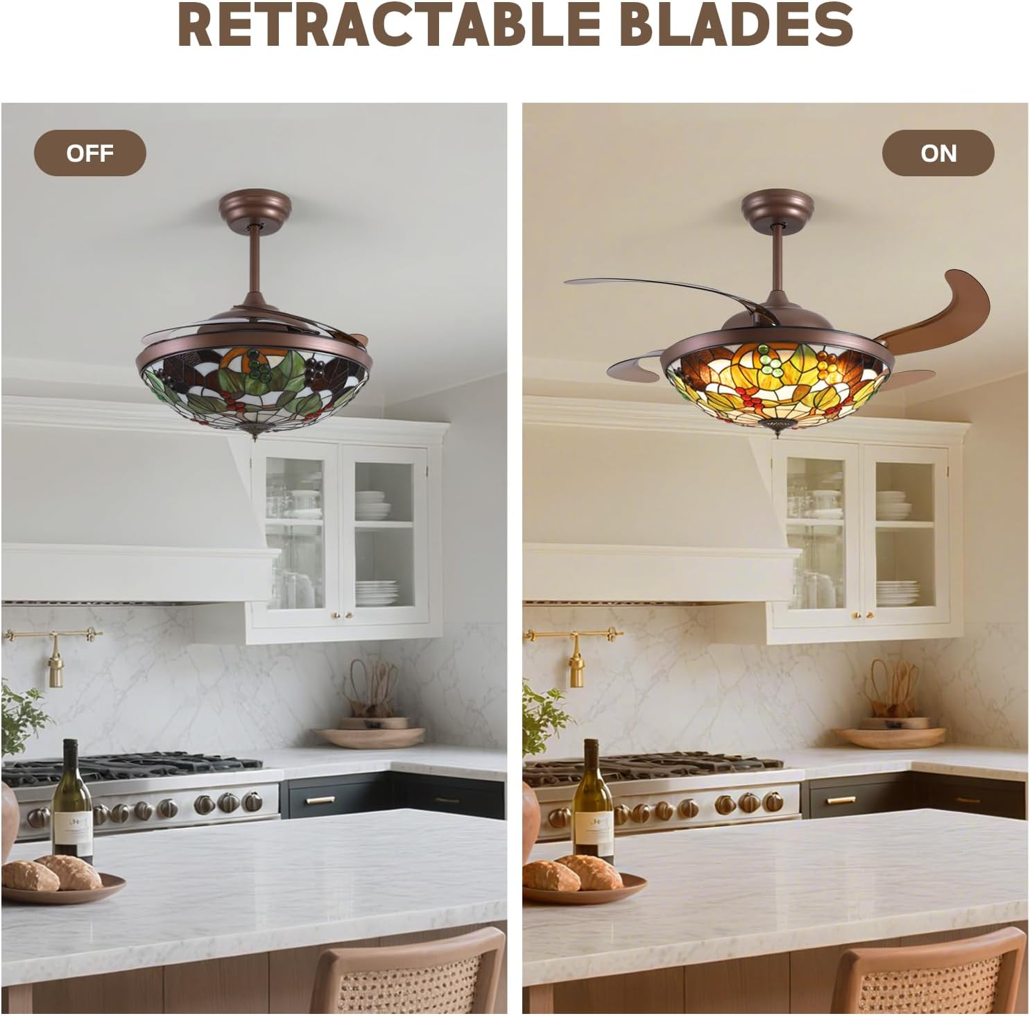 52 inch Tiffany Ceiling Fan with Light Stained Glass Fandelier with Retractable Blades 52' Vintage Ceiling Fan Light Dimmable LED Fandelier for Bedroom and Living Room