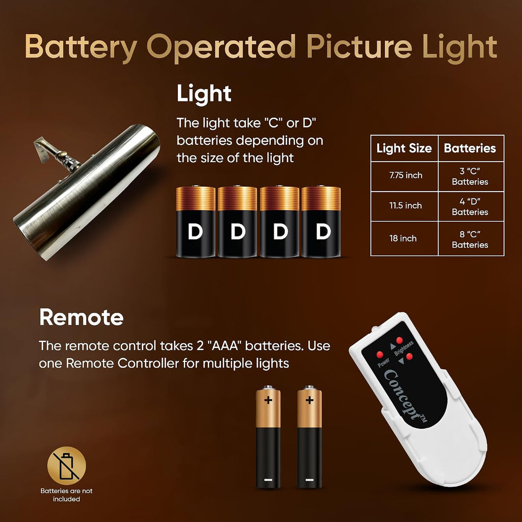 Concepdesigns Picture Light Battery Operated Picture Light, Dimmable Wireless Picture Lights for wall, Art Light, Library Light Battery Operated with Remote Control - 18 inches, Antique Brushed Bronze