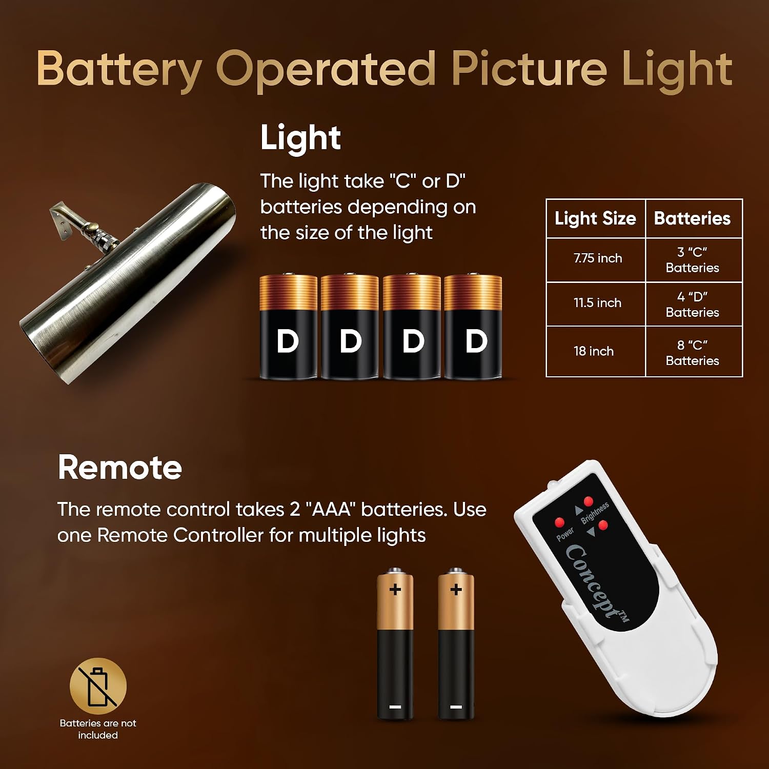 Concepdesigns Picture Light Battery Operated Picture Light, Dimmable Wireless Picture Lights for wall, Art Light, Library Light Battery Operated with Remote Control - 18 inches, Antique Brushed Bronze