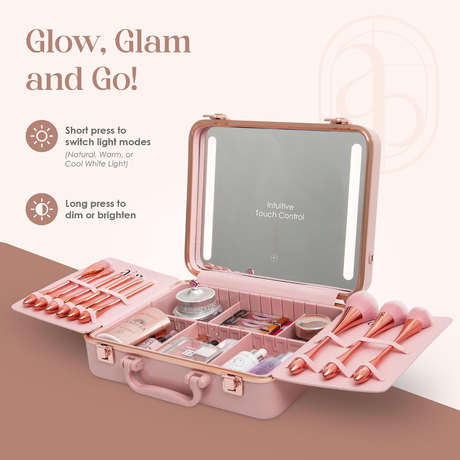 Air Makeup Beauty Box - Make up Bag with LED Lighted Mirror, Professional Mini/Large Cosmetic bag Organizer - Portable Vanity & Makeup Case for Travel (Beauty Box, Blush Pink)