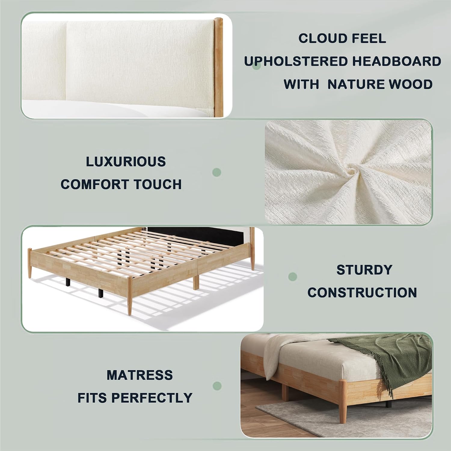 Christopher Knight Home Raven Modern King Size Bed Frame with Upholstered Headboard, Natural Wood King Size Platform Bed Frame and Headboard, No Box Spring Needed, Easy Assembly, White+Natural