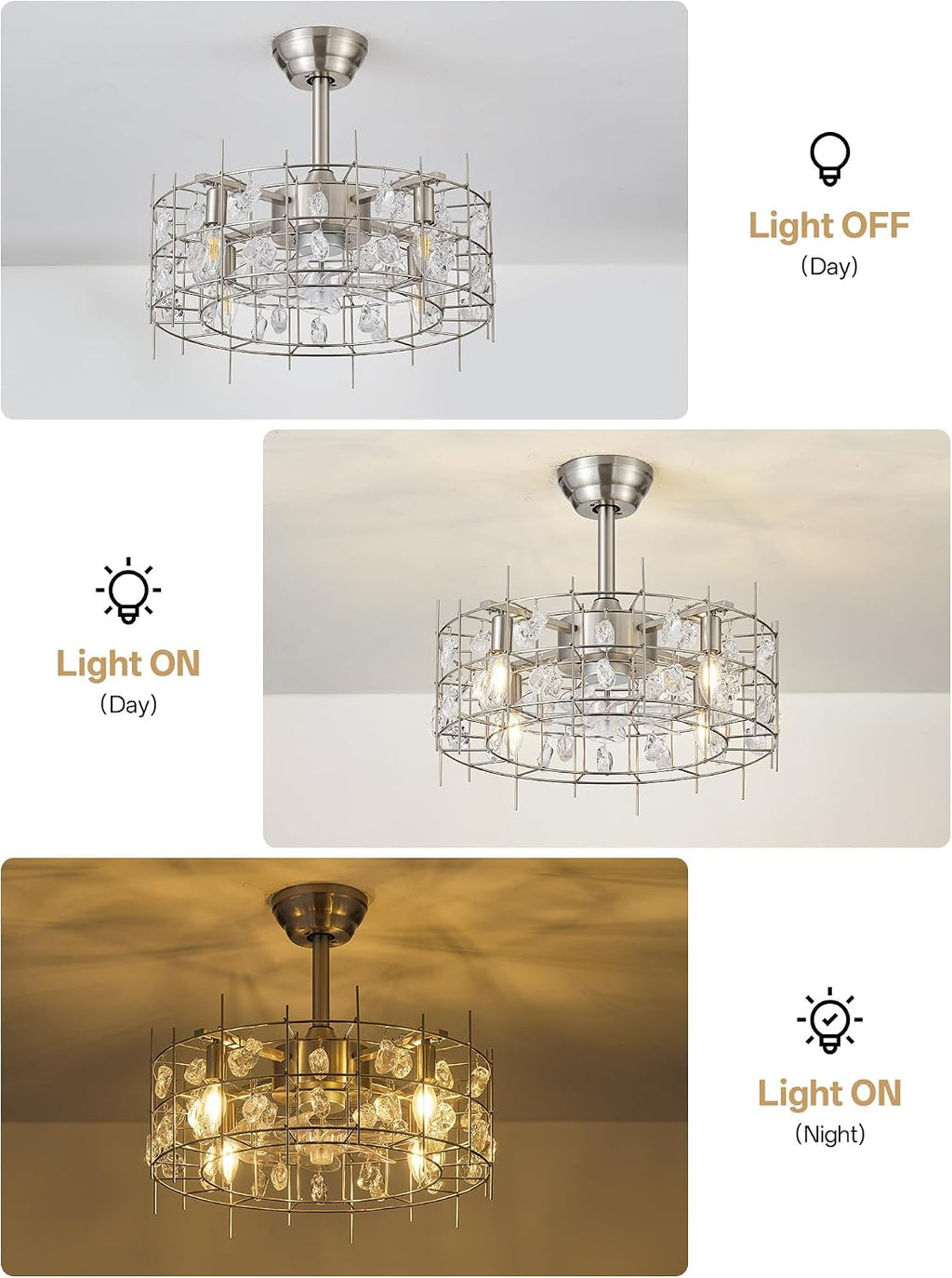 20' Silver Crystal Chandelier Ceiling Fans, Silver Crystal Fandelier Ceiling Fan with Lights Caged, Remote Control 6 Speed for Living Room, Bedroom, Dining Room