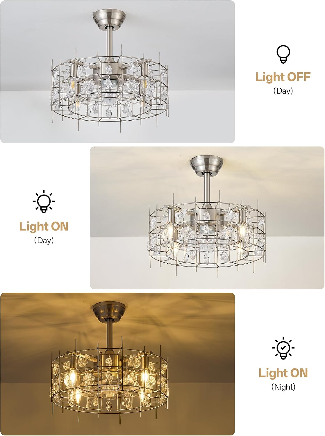 20' Silver Crystal Chandelier Ceiling Fans, Silver Crystal Fandelier Ceiling Fan with Lights Caged, Remote Control 6 Speed for Living Room, Bedroom, Dining Room
