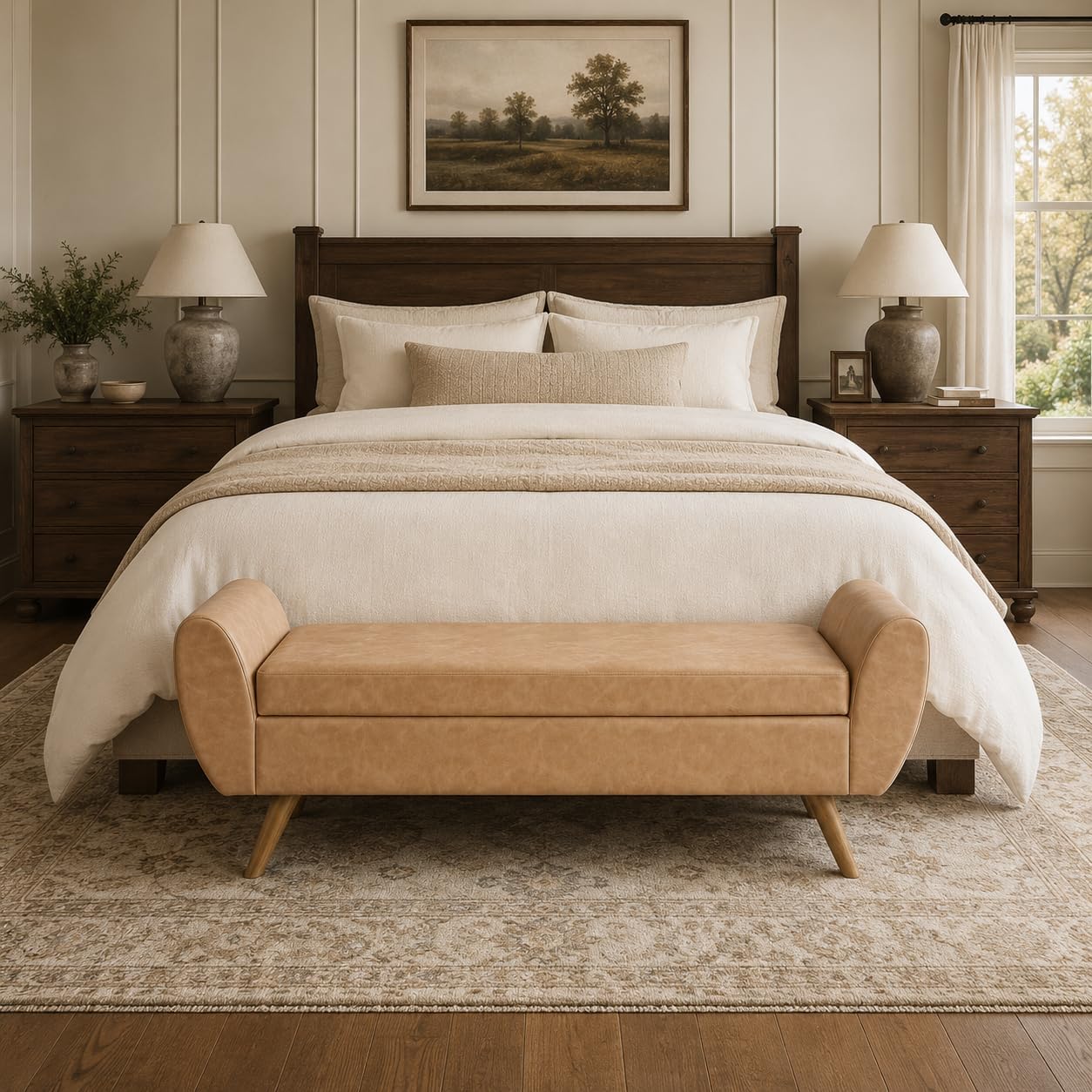 HomePop 60' Modern Storage Bench with Wood Legs - Sand Faux Leather