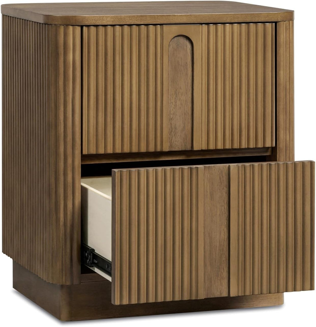 Teamson Home 20'' W Modern Storage 2-Drawer Push to Open Nightstand with Solid Wood Frame, Bedside Table Bedroom Furniture with Reeding Pattern in Scandinavian Style, Greige