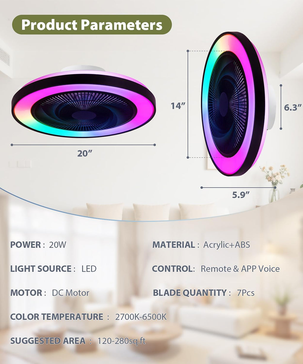 2-in-1 Low Profile Ceiling Fan with Light, 20' Caged Safety Design for Kids - RGB Color, Smart APP/Remote Control, Quiet Flush Mount DC Motor, Ideal for Bedroom/Living Room/Kitchen, Black