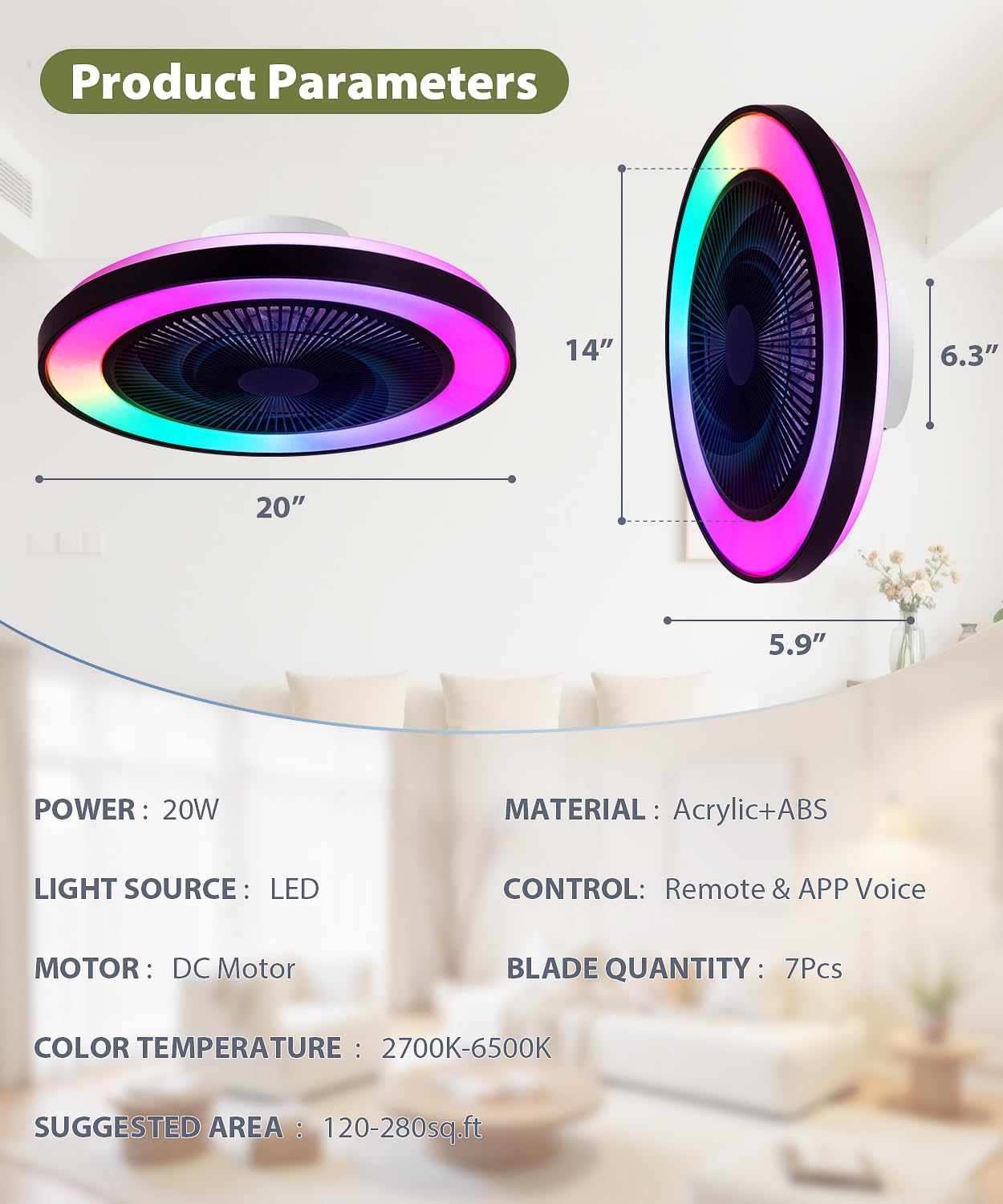 2-in-1 Low Profile Ceiling Fan with Light, 20' Caged Safety Design for Kids - RGB Color, Smart APP/Remote Control, Quiet Flush Mount DC Motor, Ideal for Bedroom/Living Room/Kitchen, Black