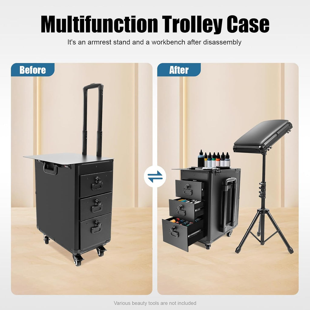 2 in 1 Tattoo Work Station - Manicure Embroidery Hairdressing Travel Case, Beauty Salon Station Suitcase With Lock, Rolling Makeup Trolley With Armrest Stand (Metal)