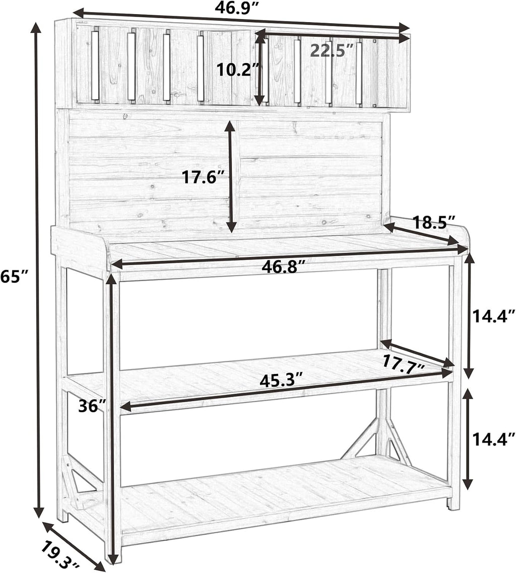 KUIKUI Potting Table, Outdoor Potting Bench with 4 Storage Shelves and Side Hook, Gardening Tables for Outdoors, 46.9x19.3x65inch, Green