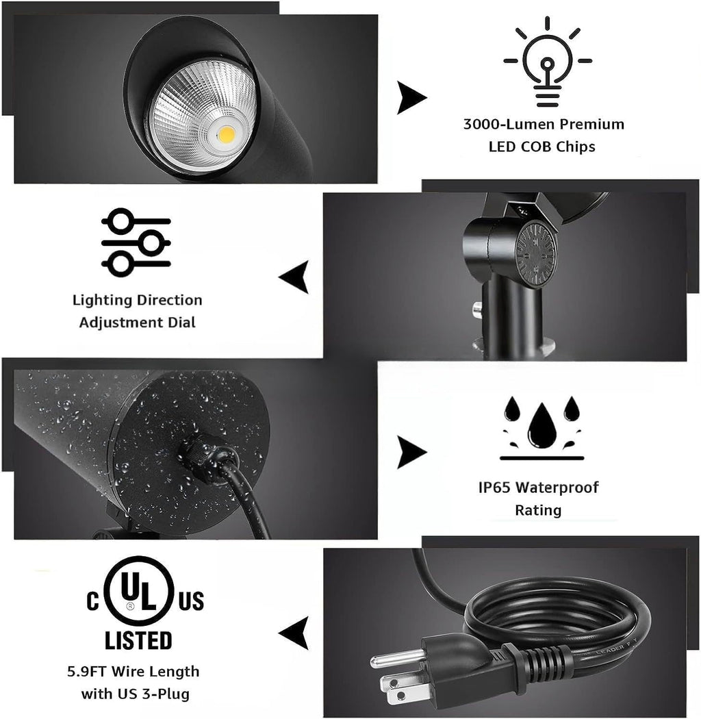 Landscape Spotlight Outdoor 30W Ultra Bright LED Spot Lights Outdoor 120V Waterproof Spot Lights Warm White Landscape Lighting with 5FT Cord with Plug for Flag Pole Tree Yard Garden (4Pack)