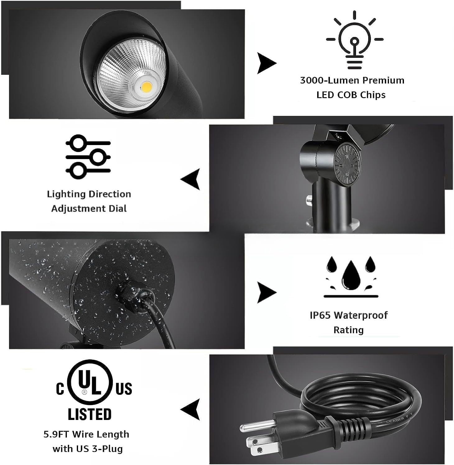 Landscape Spotlight Outdoor 30W Ultra Bright LED Spot Lights Outdoor 120V Waterproof Spot Lights Warm White Landscape Lighting with 5FT Cord with Plug for Flag Pole Tree Yard Garden (4Pack)