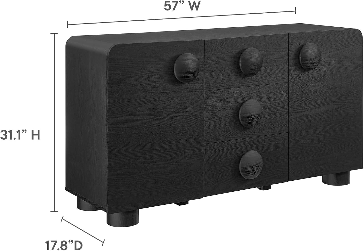 Modway Sonnet Retro Curved Sideboard in Black – 57 Inch Modern Buffet Cabinet with Circle Knobs – Credenza Cabinet with 3 Drawers – TV Stand Media Cabinet for Living Room, Home Office, Lounge Area