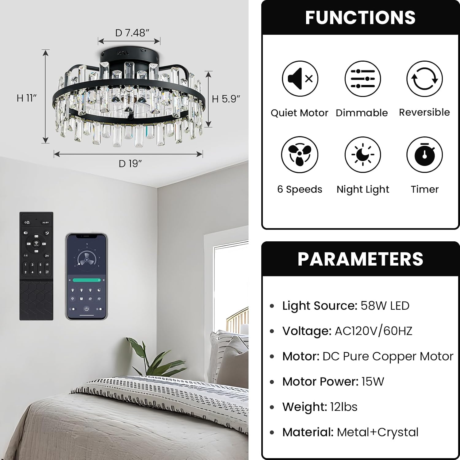 20' Crystal Ceiling Fans with Lights Remote Control Dimmable 6 Speeds Reverible Timer Black Fandelier for Bedroom Dining Room Living Room