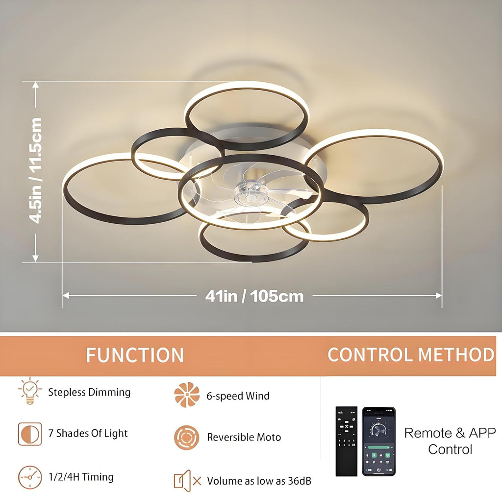 41'Modern Ceiling Fan with Lights and Remote, Smart Ceiling Fan for bedroom | Low profile ceiling fan has 3 colors light 6 speed, dimmable, super quite, timing, ceiling fans with lights for living room