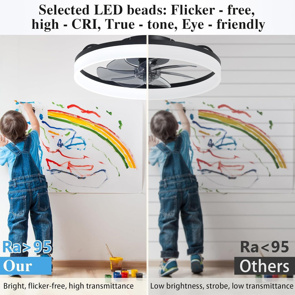 Ceiling Fans with Lights and Remote Fandelier - 20'' Flush Mount Low Profile Modern Black Ceiling Fans for Bedroom - Stepless Color Temperature Change and 6 Speeds, Black