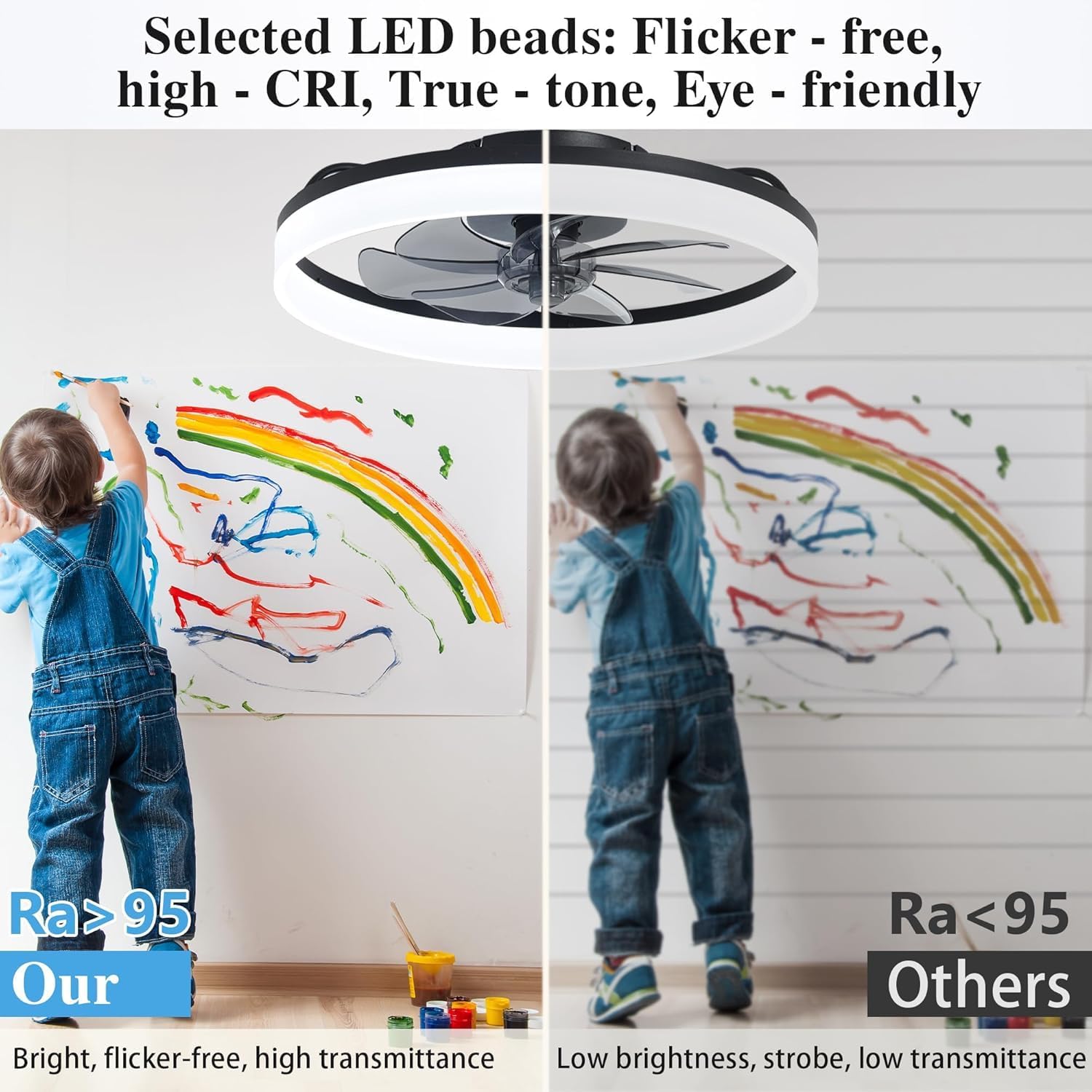 Ceiling Fans with Lights and Remote Fandelier - 20'' Flush Mount Low Profile Modern Black Ceiling Fans for Bedroom - Stepless Color Temperature Change and 6 Speeds, Black