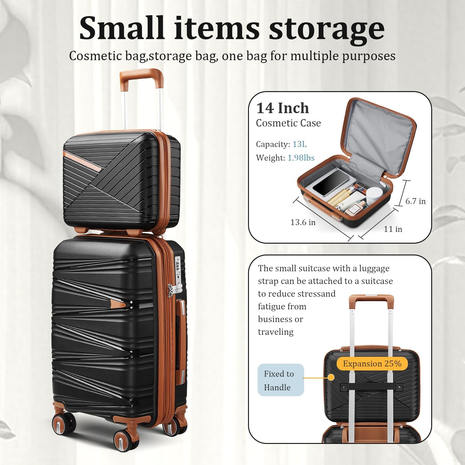 TRAVELEO 6 Piece Luggage Set PP Hardshell, Expandable Suitcase Set with Spinner Wheels (20/24/28), Includes 14' Cosmetic Case, Travel Duffel & Toiletry Bag, Lightweight TSA Lock Nested Set (Black)