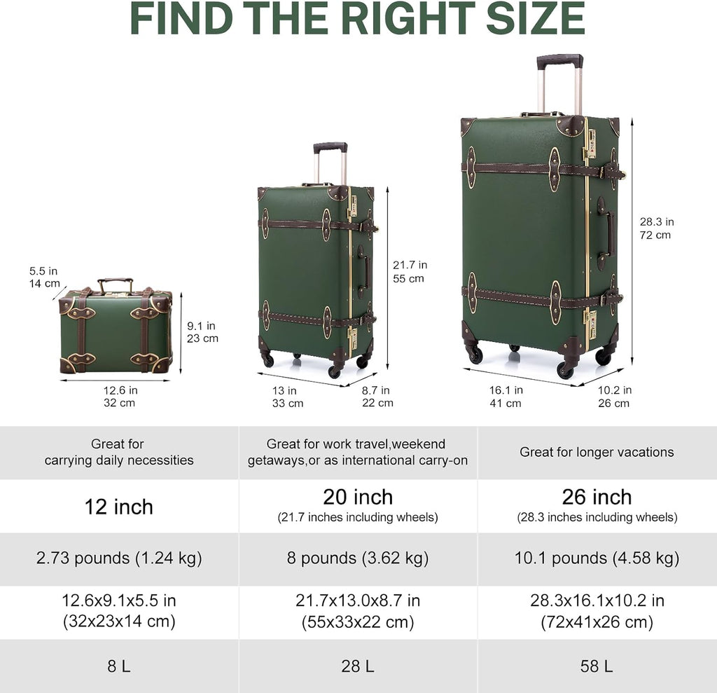 urecity 26' Vintage Luggage Set, 2 Piece Army Green Retro Checked Suitcase with Cosmetic Case, Luxury Vegan Leather Aluminum Frame Spinner Trunk for Women (with Protective Clear Cover)