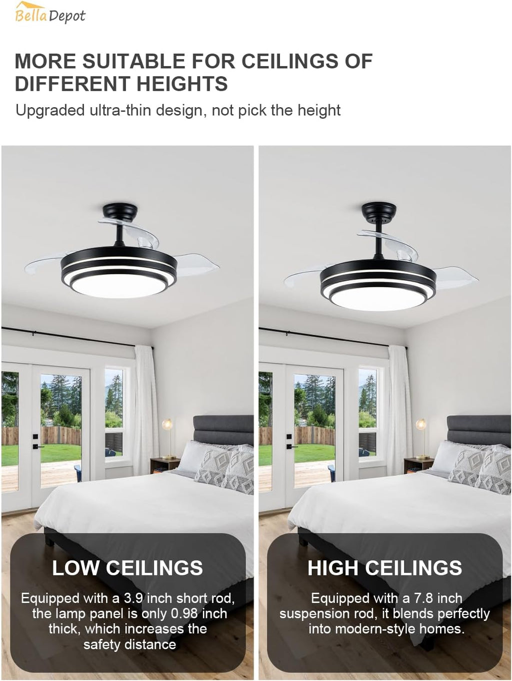 Bella Depot 42 Inch Retractable Ceiling Fan with Dimmable LED Light and Remote with 3 Color Change, Timing Options, Silent Noiseless for Dining Room Bedroom Kitchen (Black, 42')