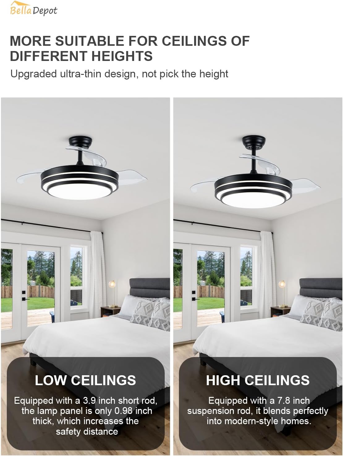 Bella Depot 42 Inch Retractable Ceiling Fan with Dimmable LED Light and Remote with 3 Color Change, Timing Options, Silent Noiseless for Dining Room Bedroom Kitchen (Black, 42')