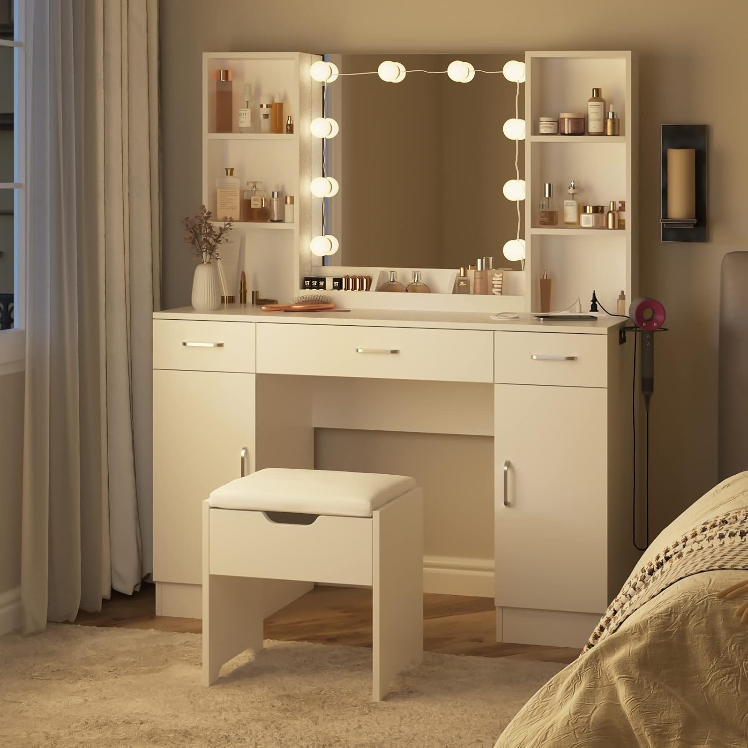 Vabches Makeup Vanity Table with Lighted Mirror & Power Strip, Large Vanity Set Vanity Desk with Storage Stool, 3 Lighting Modes, Brightness Adjustable, 45.2in(L)