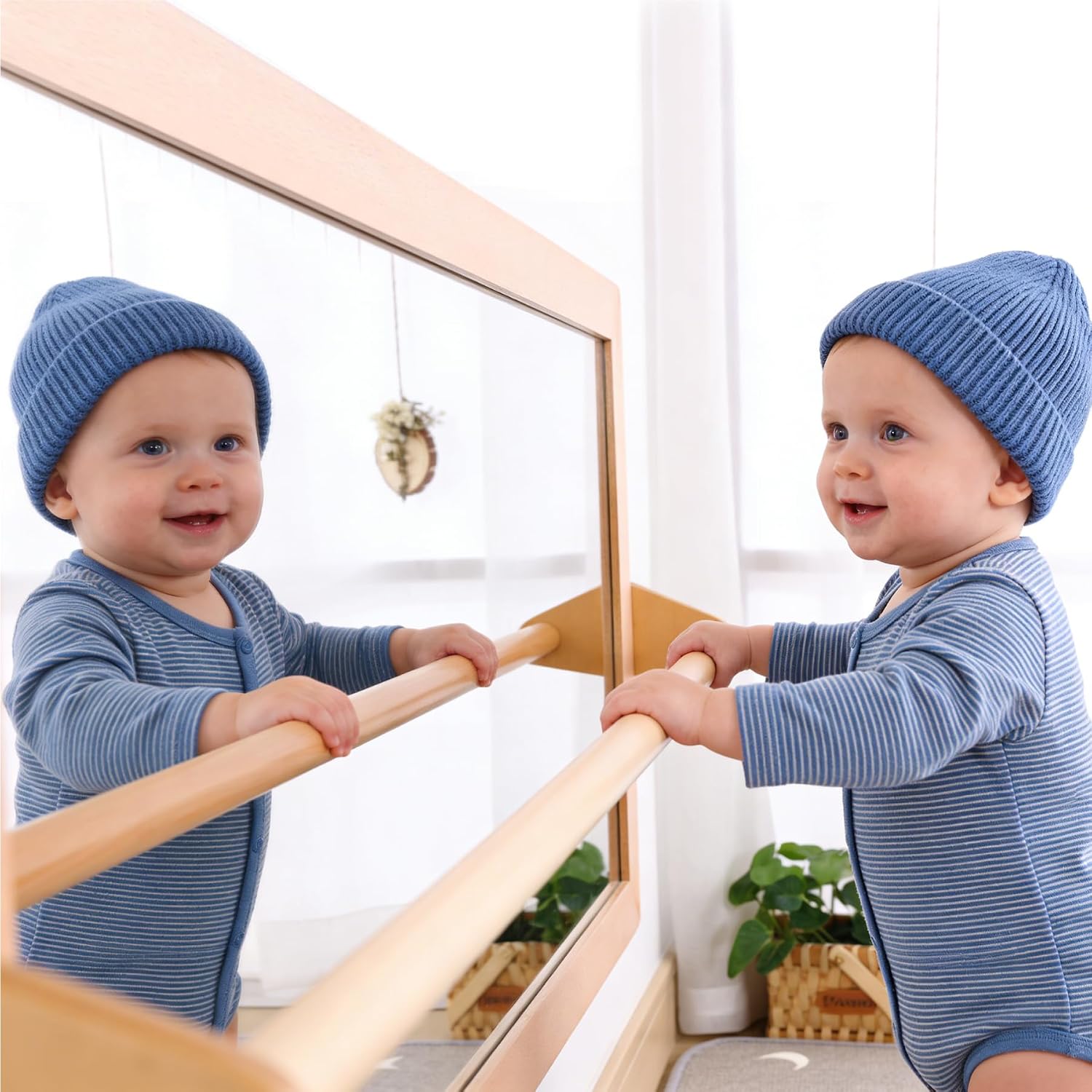 3-Position Montessori Wood Frame Non-Shatter Safety Pull Up Bar Baby Big Mirror Set, Infant Coordination Mirror, Kids Classroom Furniture for Daycare, Homeschool or Preschool