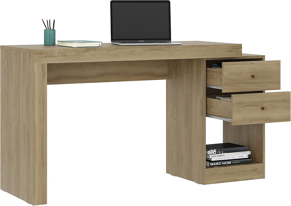 Expandable Desk with Storage Drawers & Open Shelf - Expands from 47 Inch to 57 Inch - Pine Computer Desk with Printer Space - Modern Home Office Table with Drawers - Techni Mobili Blanco Collection