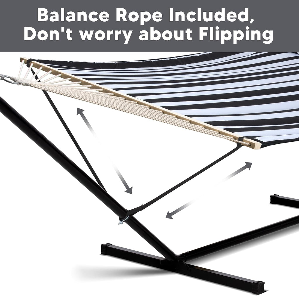 SUNCREAT Two Person Hammock with 12ft Stand Included, Max 475lbs Capacity, Heavy Duty Free Standing Hammock, Black Stripes