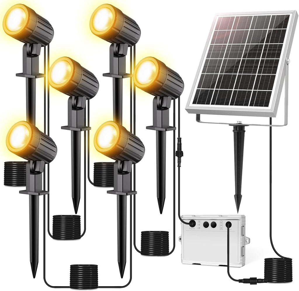 Solar Spot Lights Outdoor 6-in-1, Solar Landscape Lights with 3 Brightness 3 Modes IP66 Waterproof Auto On/Off Outdoor Solar Lights for Yard Pathway Garden Tree (Warm White)