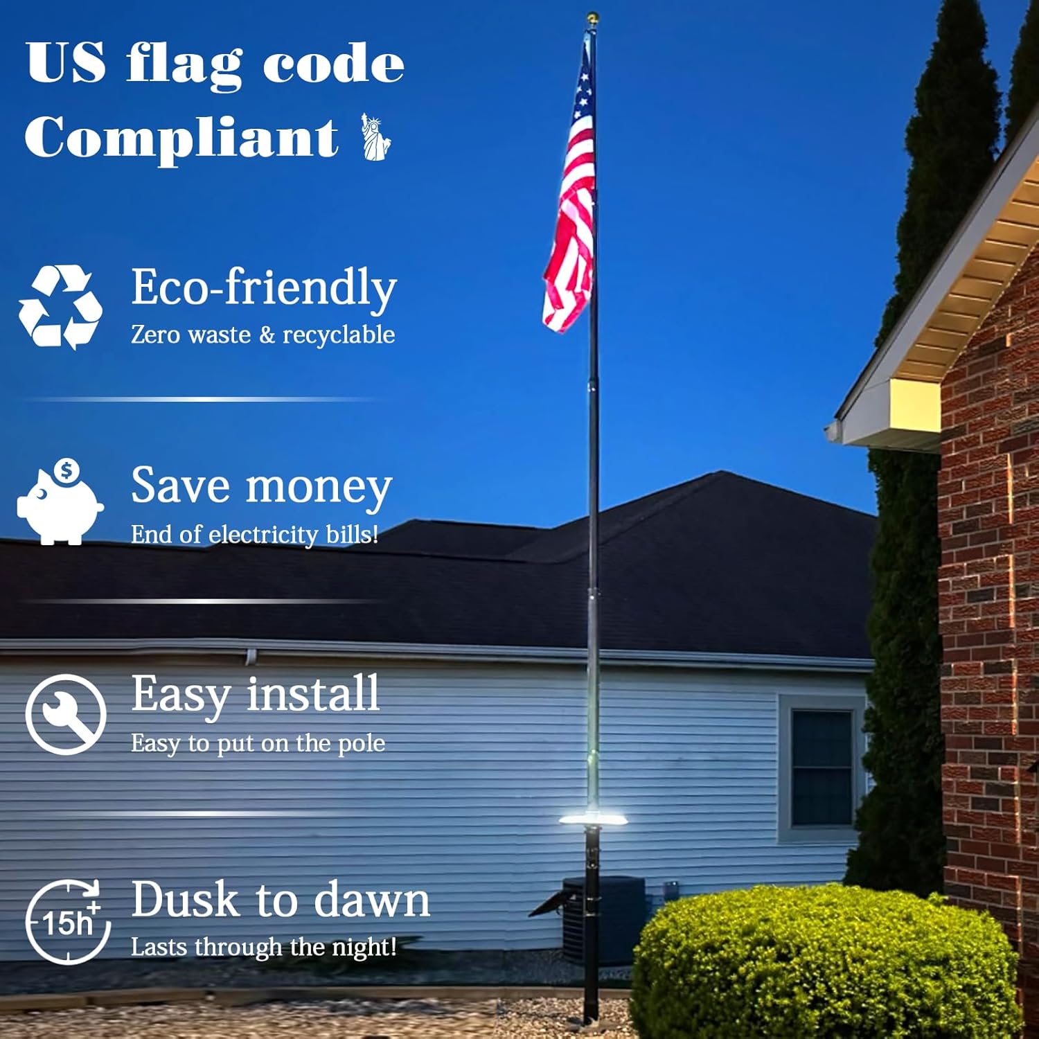 Flag Pole Light Solar Powered 4640 Lumens Brightest Solar Flagpole Light Outdoor Waterproof Dusk to Dawn 32 LED Ring Spotlights 12000mAh Batteries Adjustable Clamp fit 2-6' Dia Flagpoles