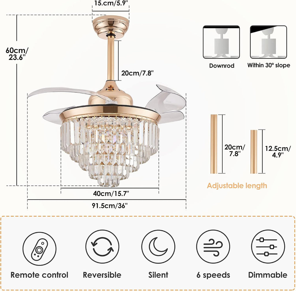 Finktonglan 36' Gold Crystal Flush Mount Fandelier Ceiling Fan with Light, Retractable Blades, Dimmable 72W LED, Remote & App Control, Quiet Reversible Motor, 6 Speeds for Bedroom/Living Room