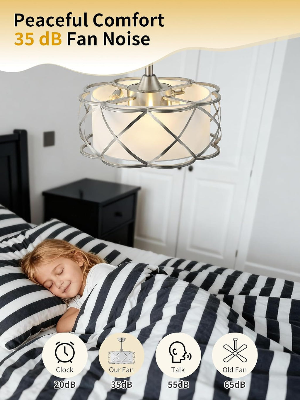 20' Fandelier Ceiling Fans with Lights, Caged Bladeless Ceiling Fan with Light Remote Control, Mid-Century Modern with 6 Speeds for Bedroom, Nursery, Living Room, Silver
