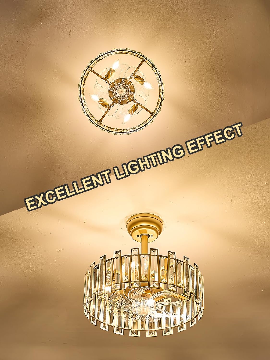 Gold Caged Ceiling Fans with Light, Brass Ceiling Fan Light with Remote Control Modern Crystal Chandelier with Fan 18' Semi-Flush Mount Fandeliers for Bedroom Dining Room Living Room Kitchen