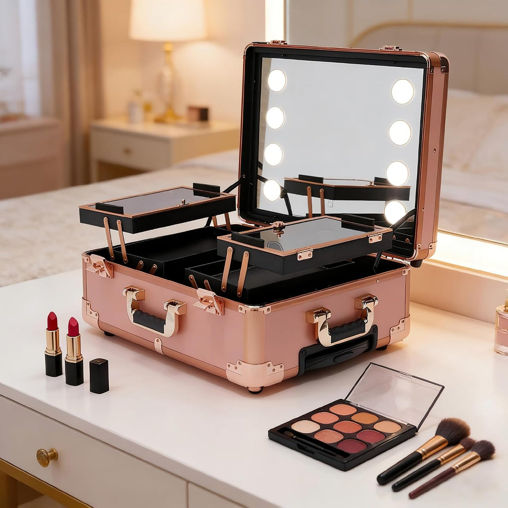 Rolling Makeup Case with LED Mirror & 3 Light Colors, 22'' Aluminum Trolley Makeup Train Case with Reinforced Lock, Cosmetic Organizer Case for Hairstylist (Rose Gold)