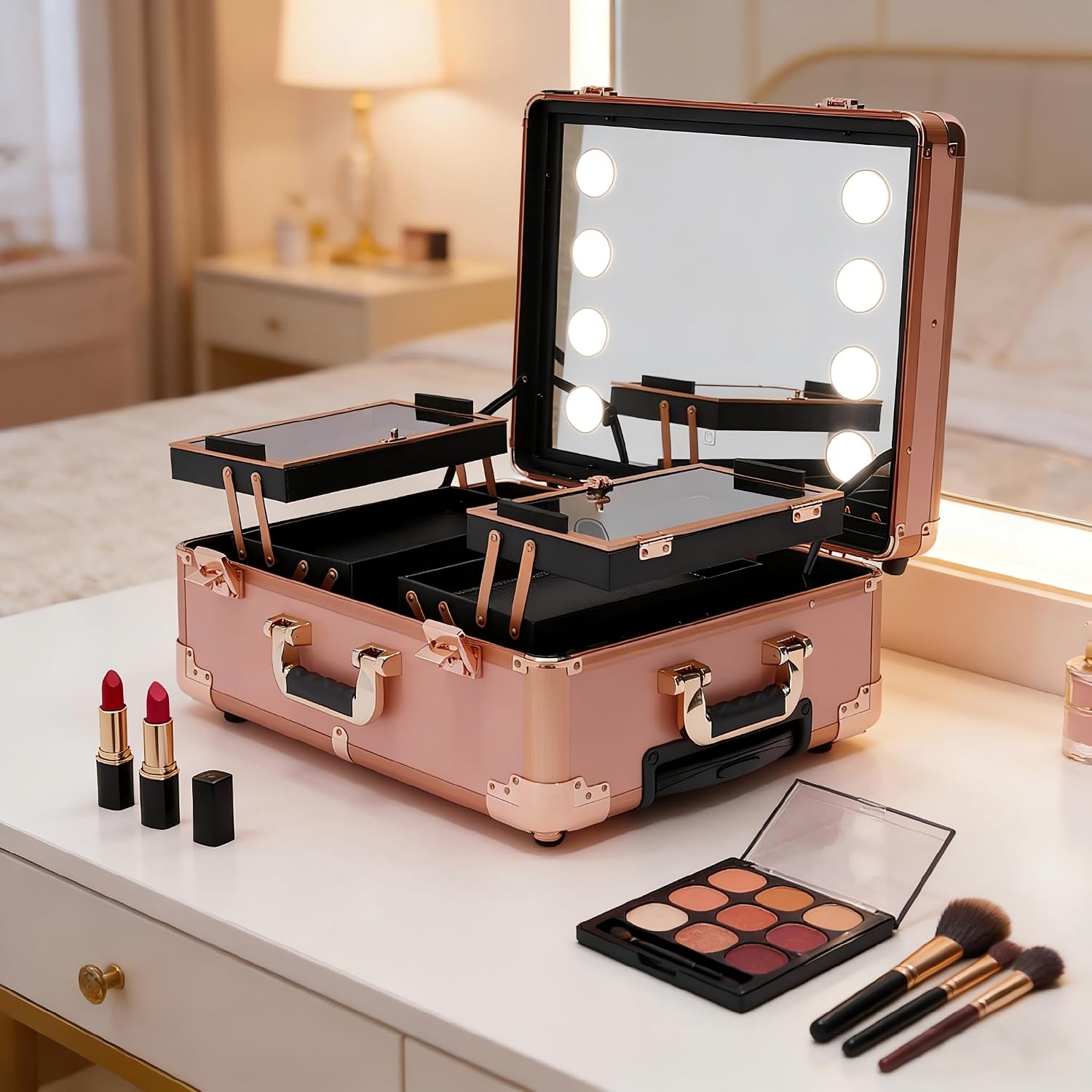 Rolling Makeup Case with LED Mirror & 3 Light Colors, 22'' Aluminum Trolley Makeup Train Case with Reinforced Lock, Cosmetic Organizer Case for Hairstylist (Rose Gold)