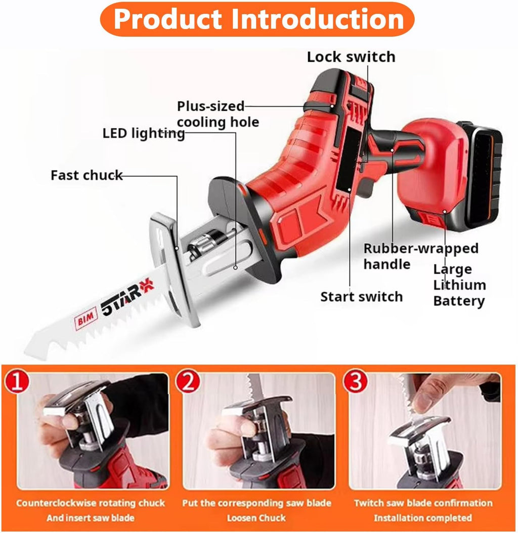 Cordless Reciprocating Saw, Electric Meat Saw, With 4 Removable Saw Blades and 2 3000mah Battery, Stroke Speed 2000/Min, Suitable for Cutting Metal, Wood, Etc.