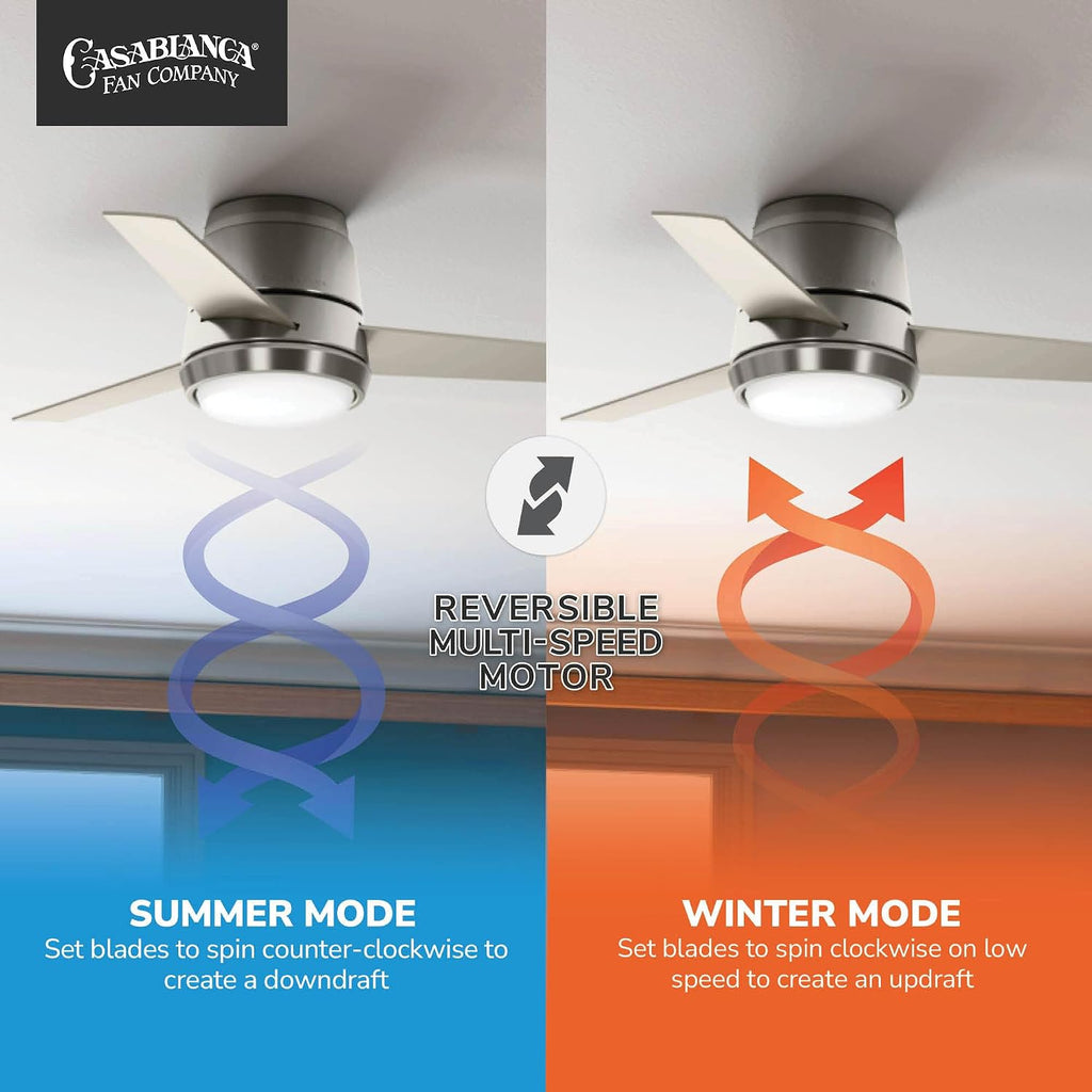 Casablanca 44 inch Indoor Ceiling Fan with LED Light - Low Profile Flush Mount Ceiling Fan for Bedroom, Living Room, or Kitchen, Wall Control, 3 Blades, Includes Bulb - Commodus 59570, Brushed Nickel