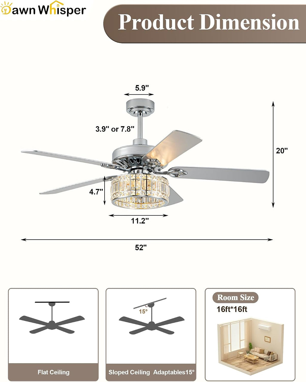 Dawn Whisper 52 Inch Modern Ceiling Fans with Lights Low Profile Fandelier Ceiling Fan with Light for Living Room Bedroom Kitchen Crystal Chandelier Fan Quiet Reversible DC Motor 6 Speeds Silver